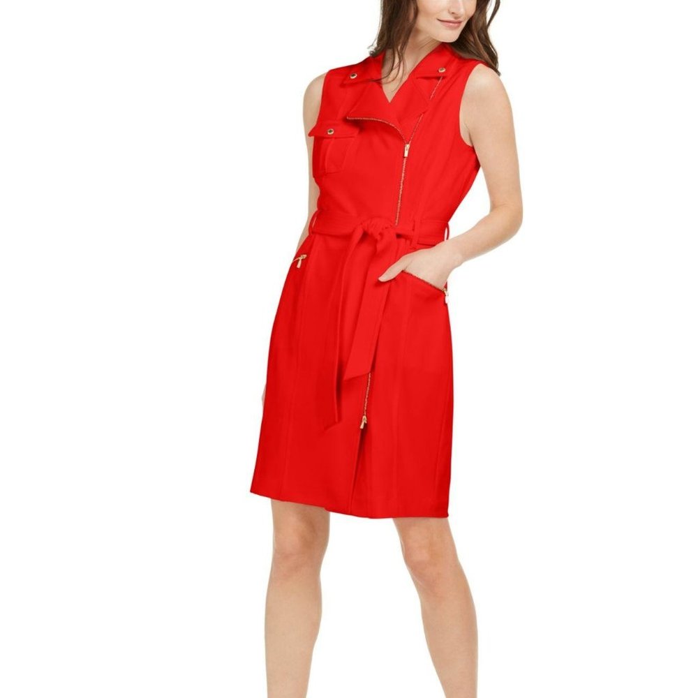 NWT Size 6 Red Calvin Klein Sleeveless Moto Sheath Dress